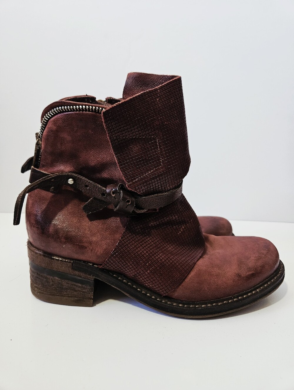 AS 98 Leather Ankle Boots Size 40 US 9-9.5 Burgundy Boho Combat Biker